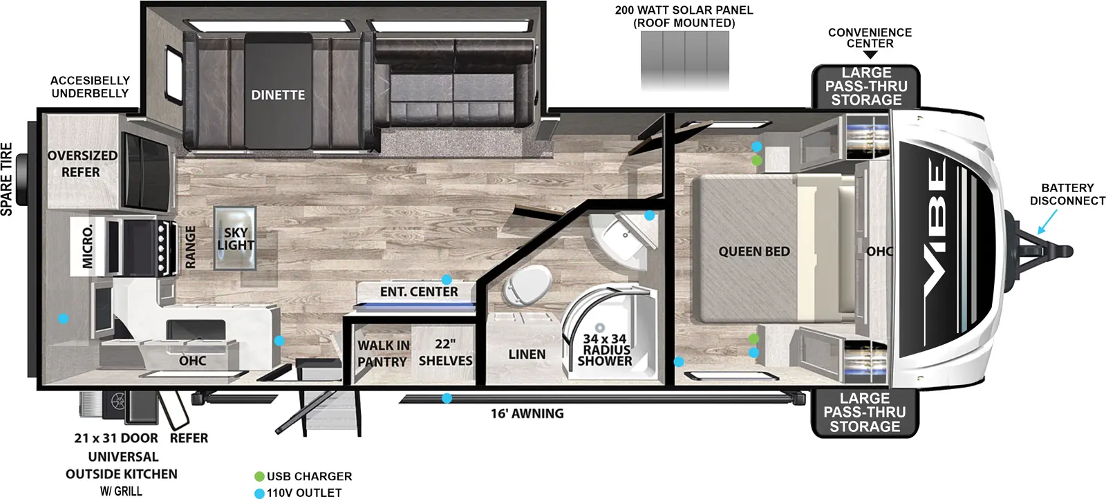 The Vibe West 25KR floorplan has one entry and one slide out. Exterior features include: fiberglass exterior, 16' awning and outside kitchen. Interiors features include: rear kitchen and front bedroom.